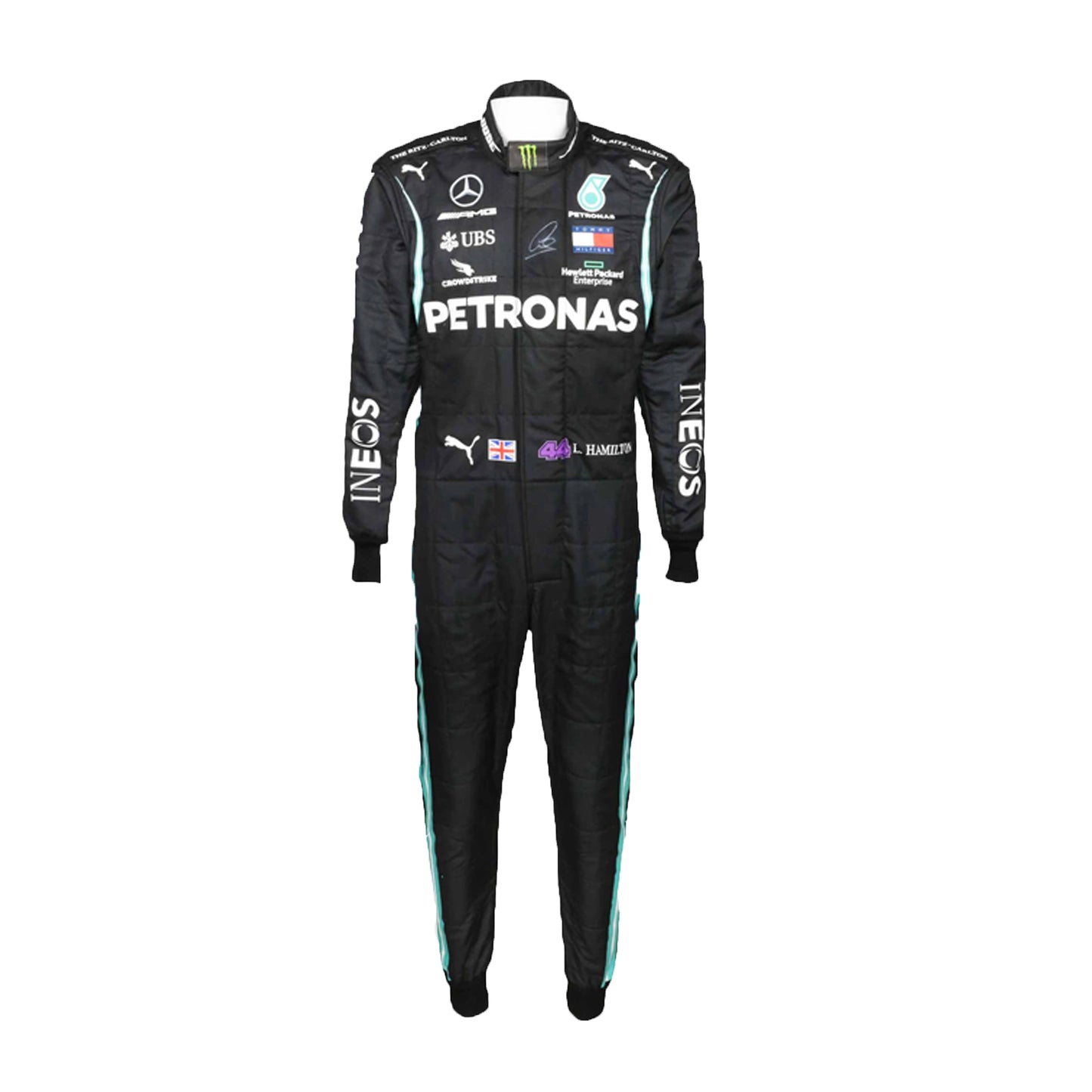 Black racing suit with various sponsor logos on a white background