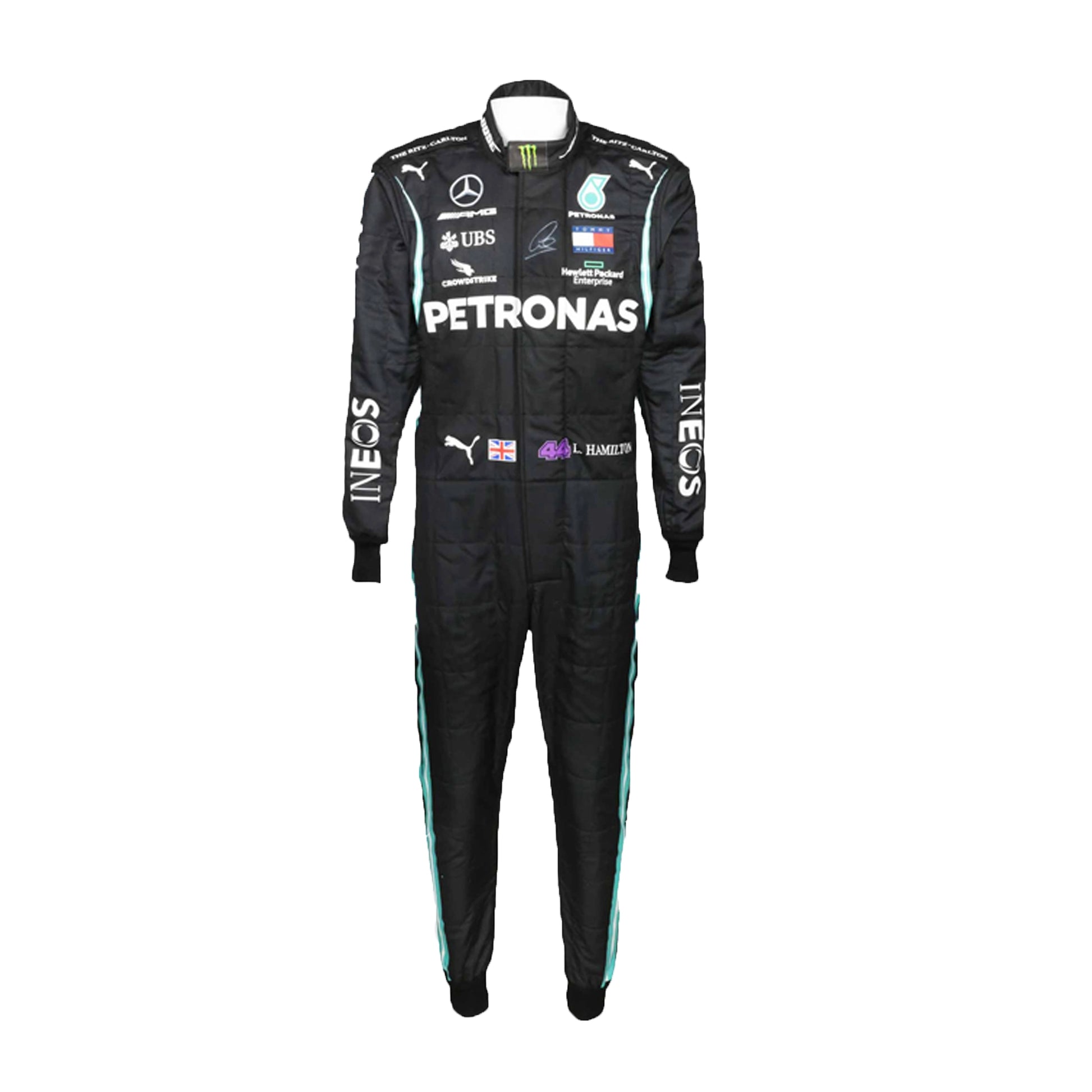 Black racing suit with various sponsor logos on a white background