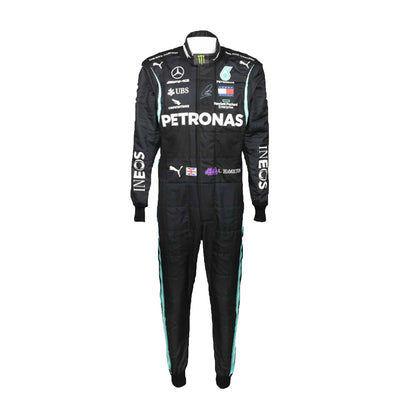 Black racing suit with various sponsor logos on a white background