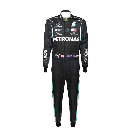 Black racing suit with various sponsor logos on a white background