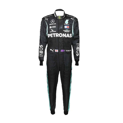 2020 Lewis Hamilton Mercedes F1 Race Suit Package including black karting suit, white driver gloves, and black racing boots
