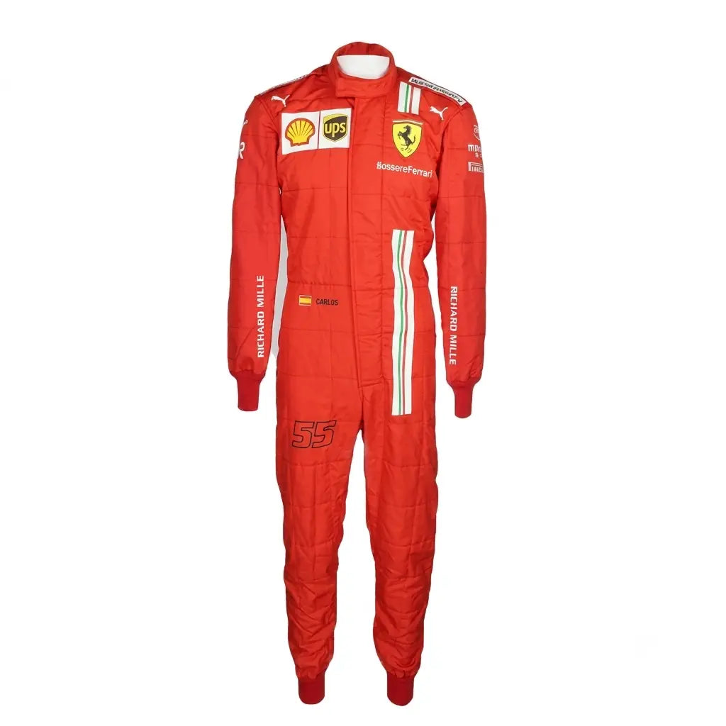 2021 Carlos Sainz Red F1 Race Suit front view featuring vertical Italian flag chest stripe and driver number 55