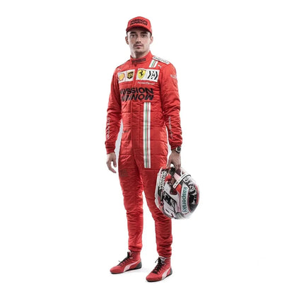 2021 Charles Leclerc Red F1 Race Suit full view featuring vertical Italian flag chest stripe, driver number 16, and full team sponsor livery