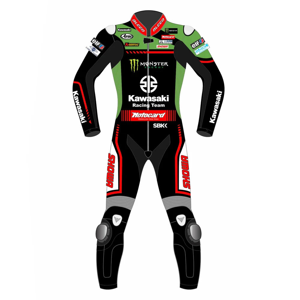 2021 Jonathan Rea WSBK Kawasaki MotoGp leather suit front view black green red with knee sliders