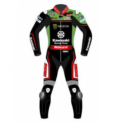 2021 Jonathan Rea WSBK Kawasaki MotoGp leather suit front view black green red with knee sliders