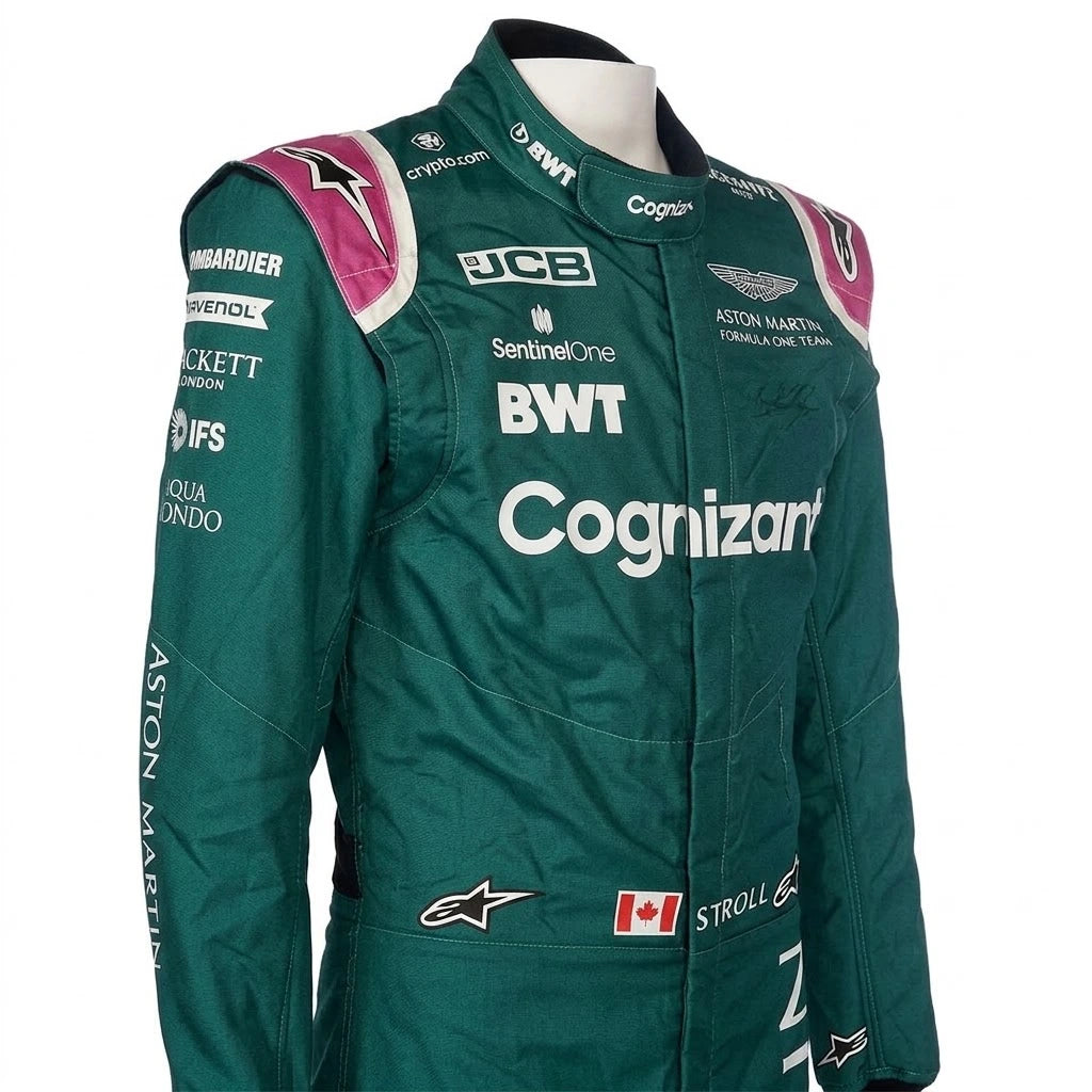 2021 Lance Stroll Aston Martin F1 race suit front view in British racing green with pink accents and sponsor logos