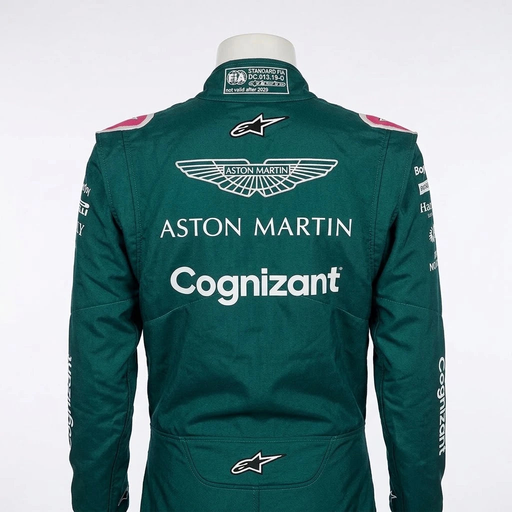 2021 Lance Stroll Aston Martin F1 race suit front view in British racing green with pink accents and sponsor logos