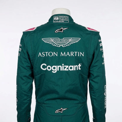 2021 Lance Stroll Aston Martin F1 race suit front view in British racing green with pink accents and sponsor logos