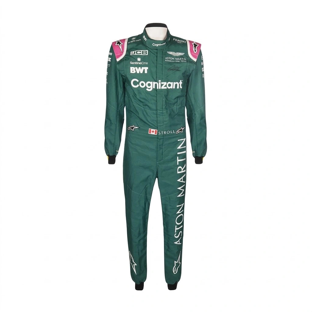 2021 Lance Stroll Aston Martin F1 race suit front view in British racing green with pink accents and sponsor logos