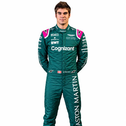 2021 Lance Stroll Aston Martin F1 race suit front view in British racing green with pink accents and sponsor logos