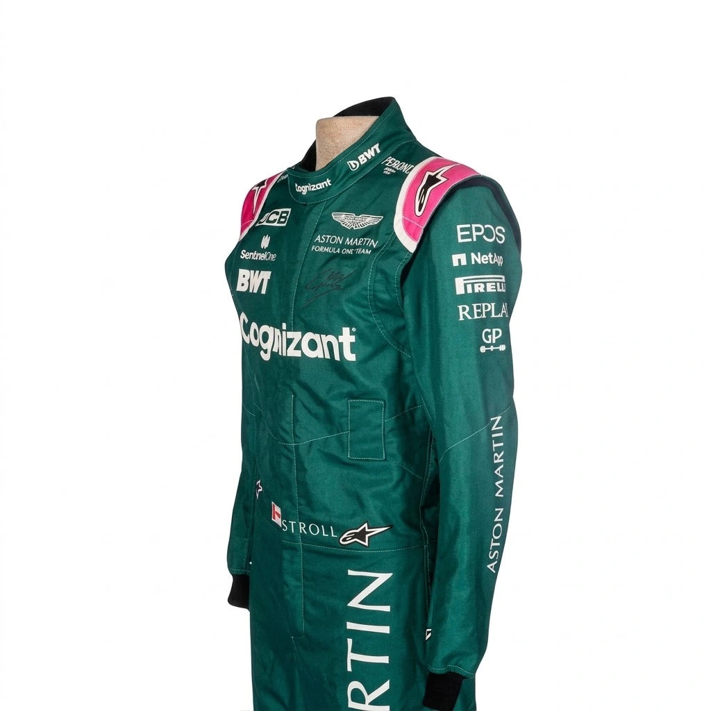 2021 Lance Stroll Aston Martin F1 race suit front view in British racing green with pink accents and sponsor logos