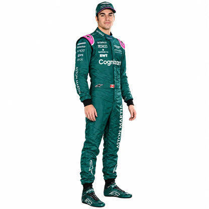 2021 Lance Stroll Aston Martin F1 race suit front view in British racing green with pink accents and sponsor logos
