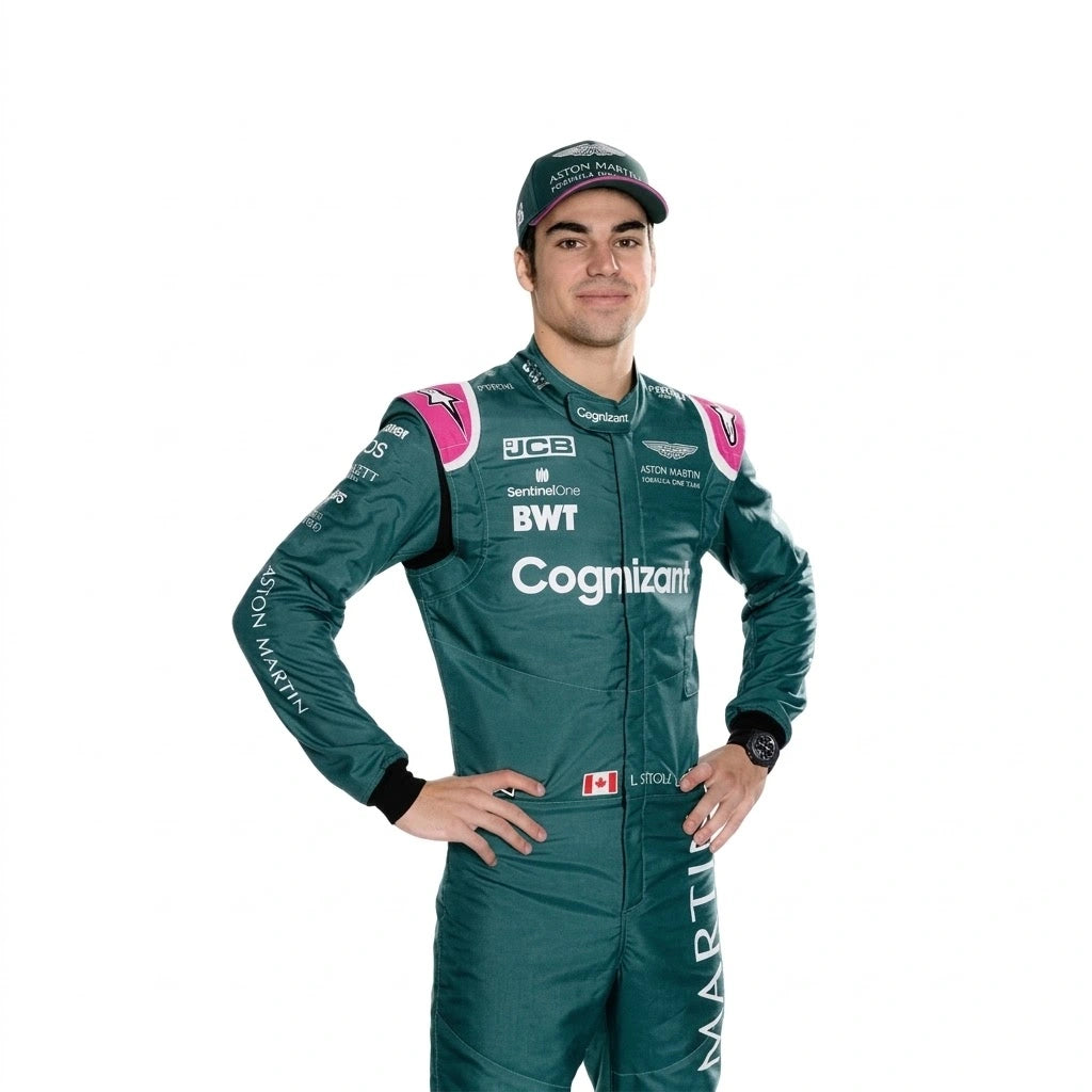 2021 Lance Stroll Aston Martin F1 race suit front view in British racing green with pink accents and sponsor logos