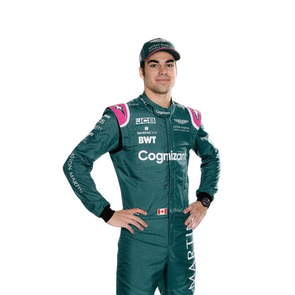 2021 Lance Stroll Aston Martin F1 race suit front view in British racing green with pink accents and sponsor logos
