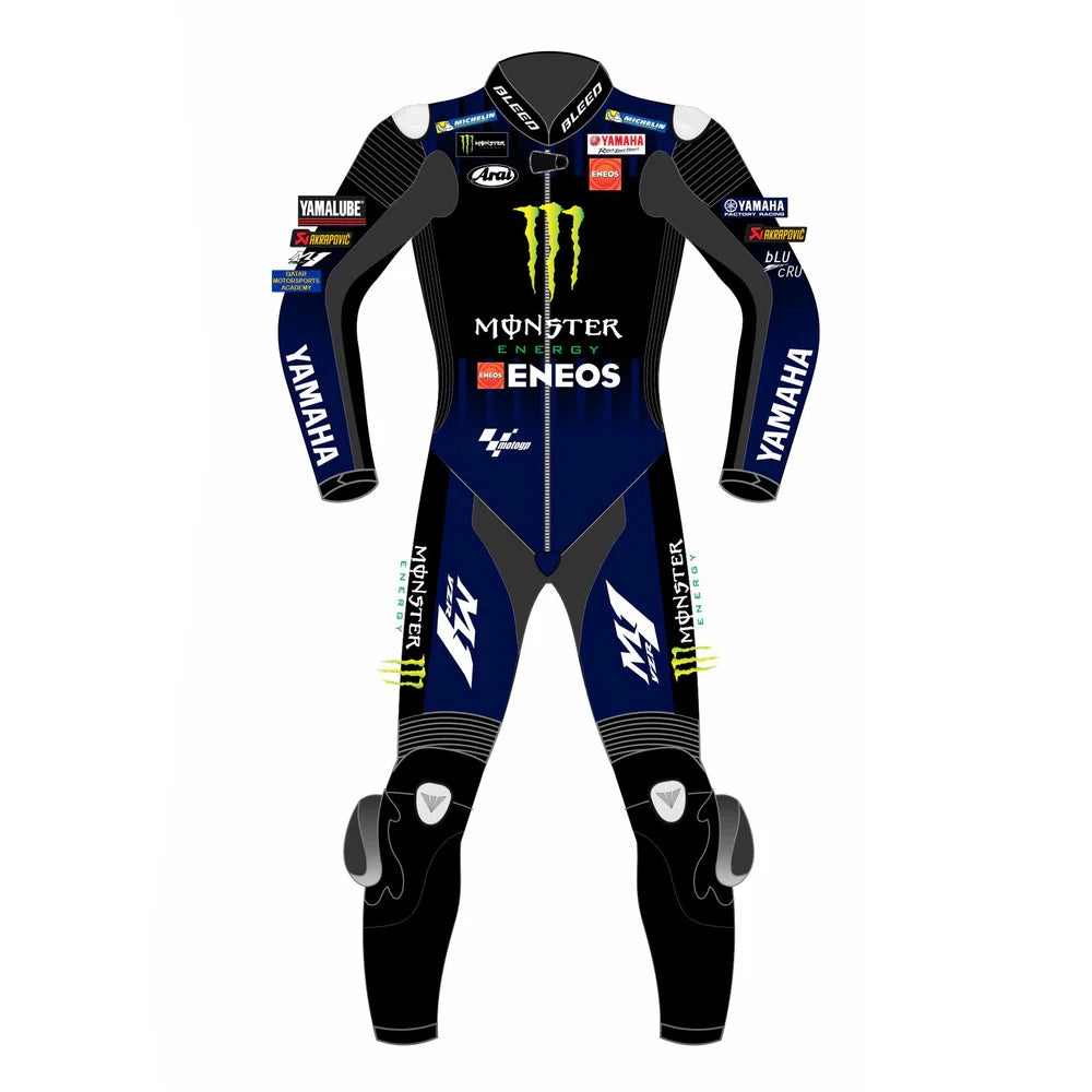 2021 Maverick Vinales MotoGP leather racing suit front view blue black green Monster Energy graphics
