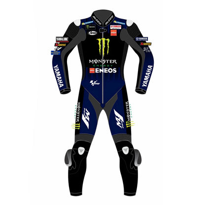 2021 Maverick Vinales MotoGP leather racing suit front view blue black green Monster Energy graphics