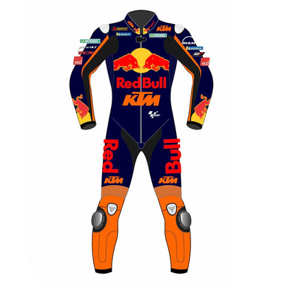 2021 Miguel Oliveira MotoGP leather racing suit front view navy blue orange Red Bull KTM graphics