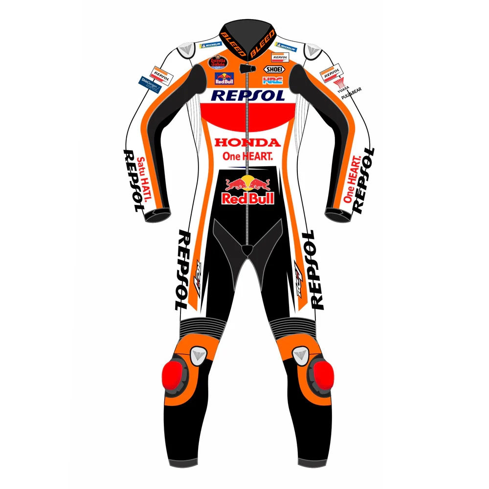 2021 Pol Espargaro MotoGP leather racing suit front view orange white red Repsol Honda graphics