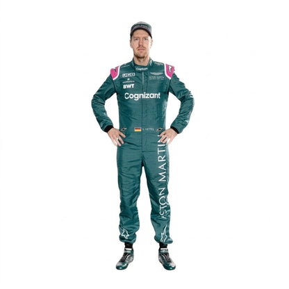 2021 Sebastian Vettel Aston Martin F1 race suit front view in British racing green featuring German flag on belt and sponsor logos