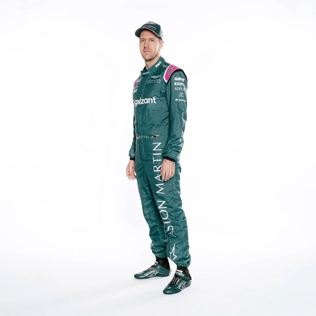 2021 Sebastian Vettel Aston Martin F1 race suit front view in British racing green featuring German flag on belt and sponsor logos
