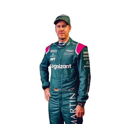 2021 Sebastian Vettel Aston Martin F1 race suit in British racing green featuring German flag on belt and sponsor logos