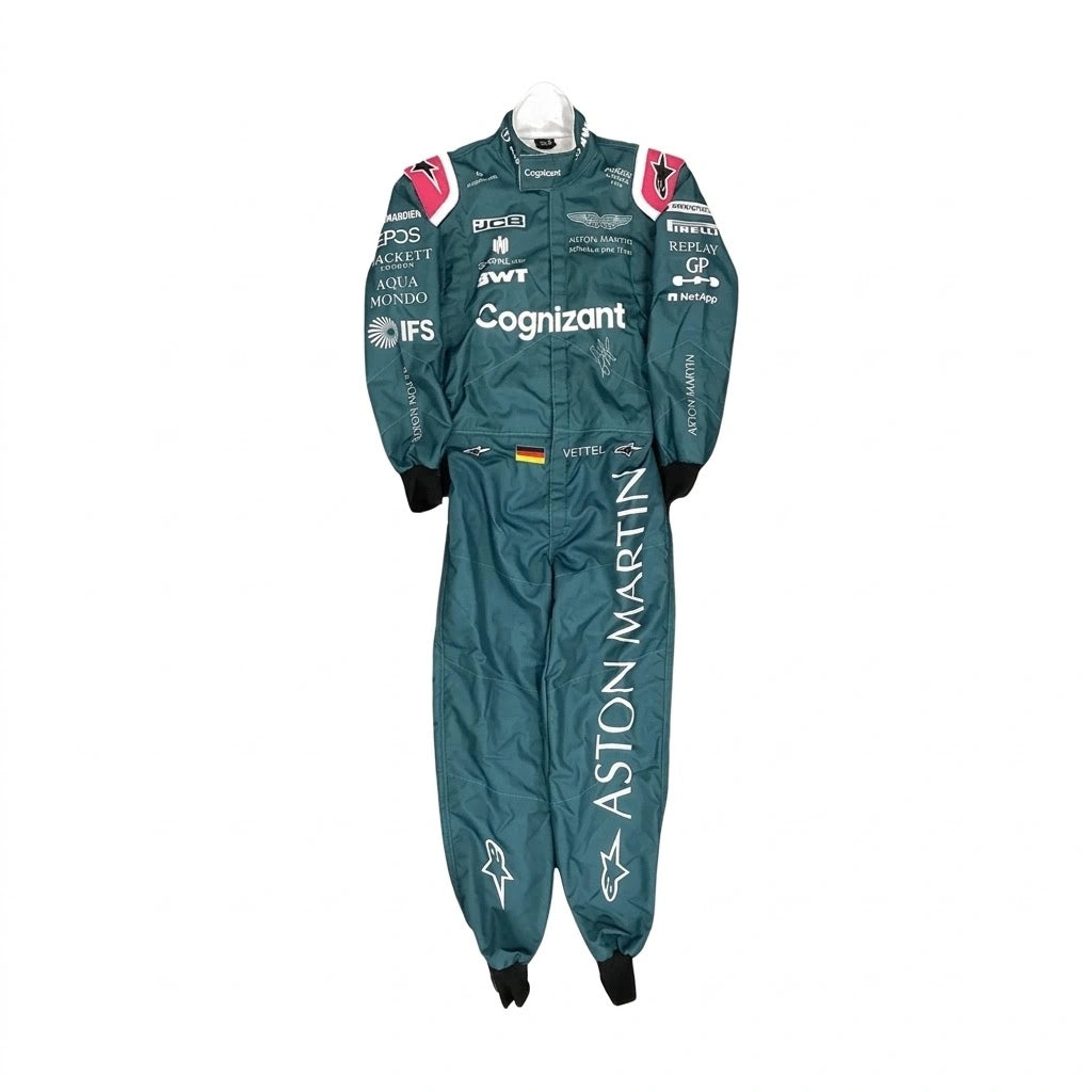 2021 Sebastian Vettel Aston Martin F1 race suit in British racing green featuring German flag on belt and sponsor logos
