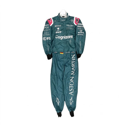 2021 Sebastian Vettel Aston Martin F1 race suit in British racing green featuring German flag on belt and sponsor logos