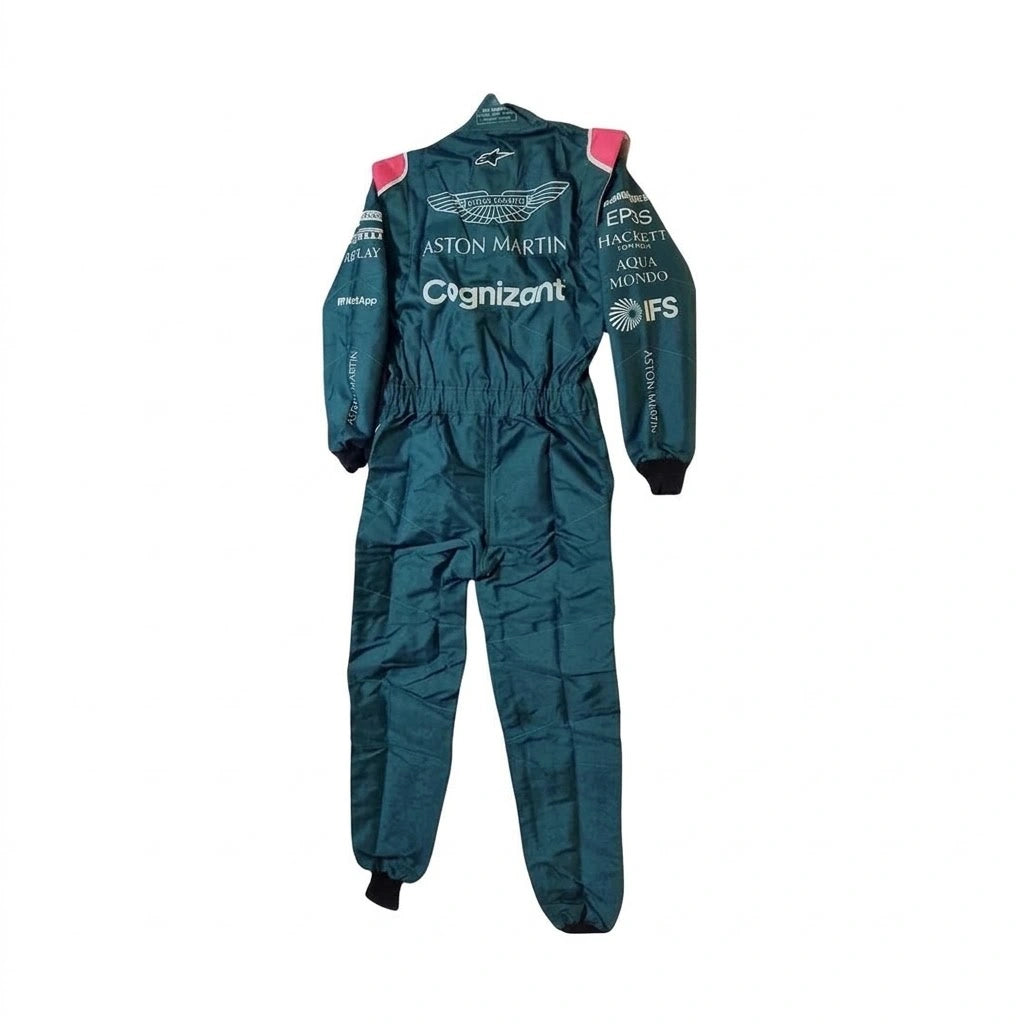 2021 Sebastian Vettel Aston Martin F1 race suit in British racing green featuring German flag on belt and sponsor logos