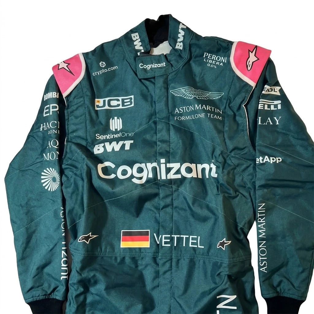 2021 Sebastian Vettel Aston Martin F1 race suit in British racing green featuring German flag on belt and sponsor logos