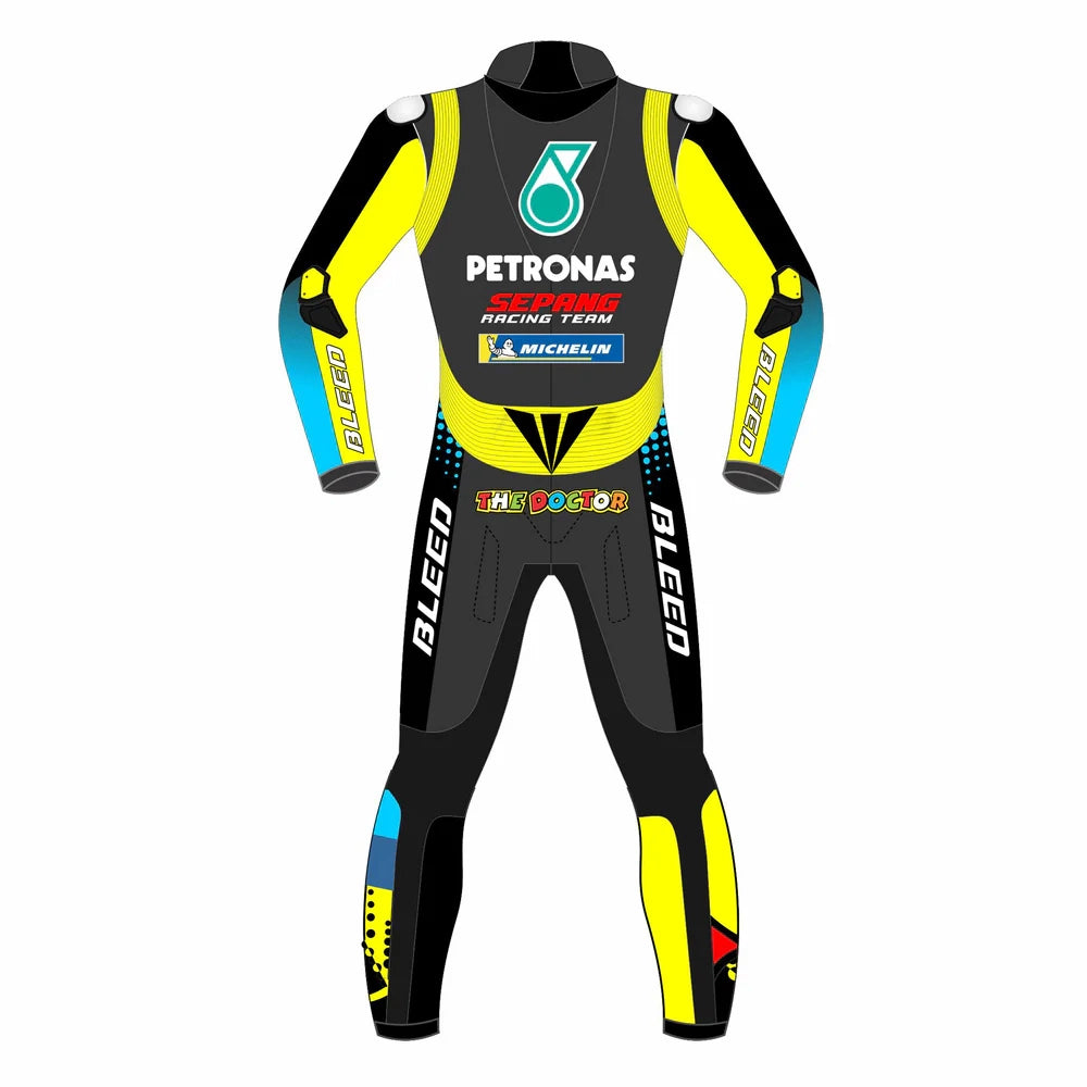 2021 Valentino Rossi MotoGP leather racing suit front view black yellow blue Petronas Yamaha graphics