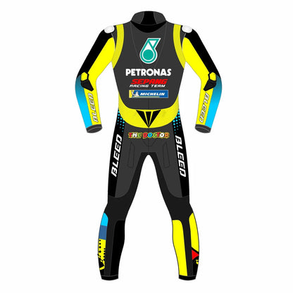 2021 Valentino Rossi MotoGP leather racing suit front view black yellow blue Petronas Yamaha graphics