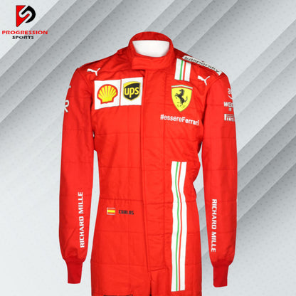 2021 Carlos Sainz Ferrari F1 race suit in red with Mission Winnow, Shell, and Ray-Ban sponsor logos