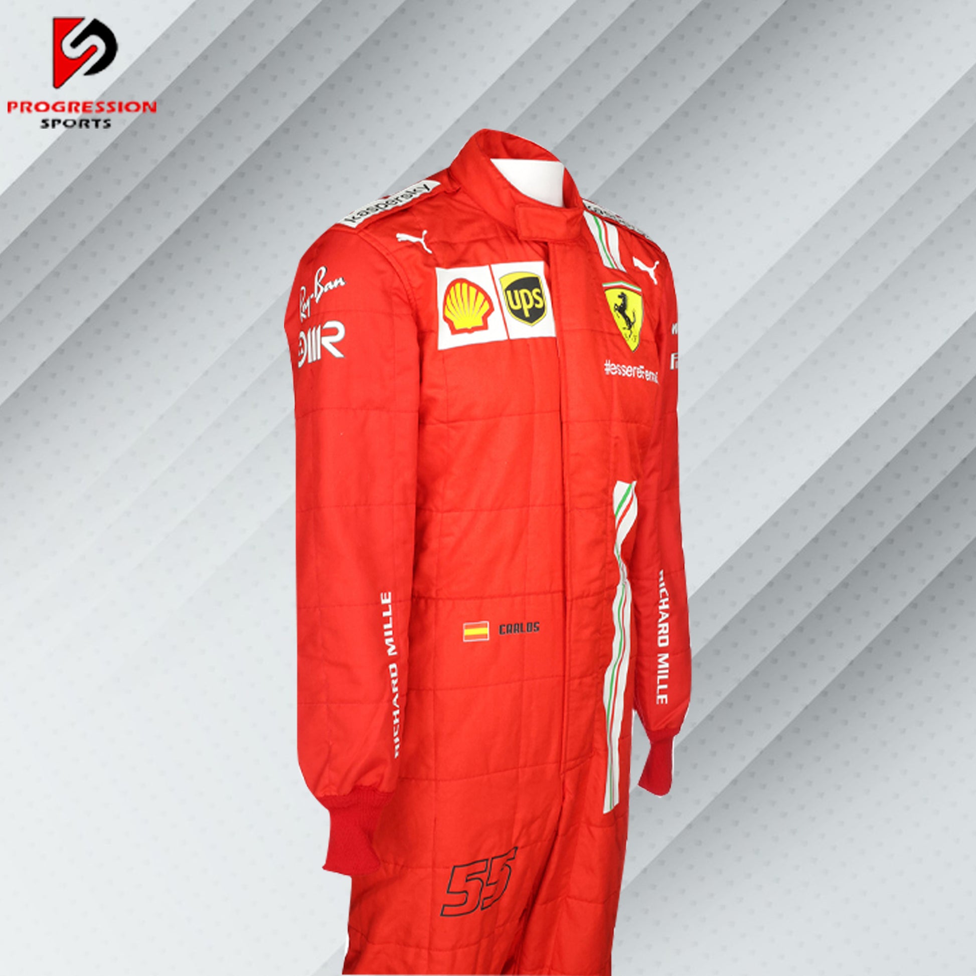 2021 Carlos Sainz Ferrari F1 race suit in red with Mission Winnow, Shell, and Ray-Ban sponsor logos
