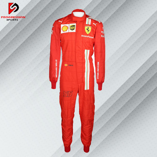 2021 Carlos Sainz Ferrari F1 race suit in red with Mission Winnow, Shell, and Ray-Ban sponsor logos