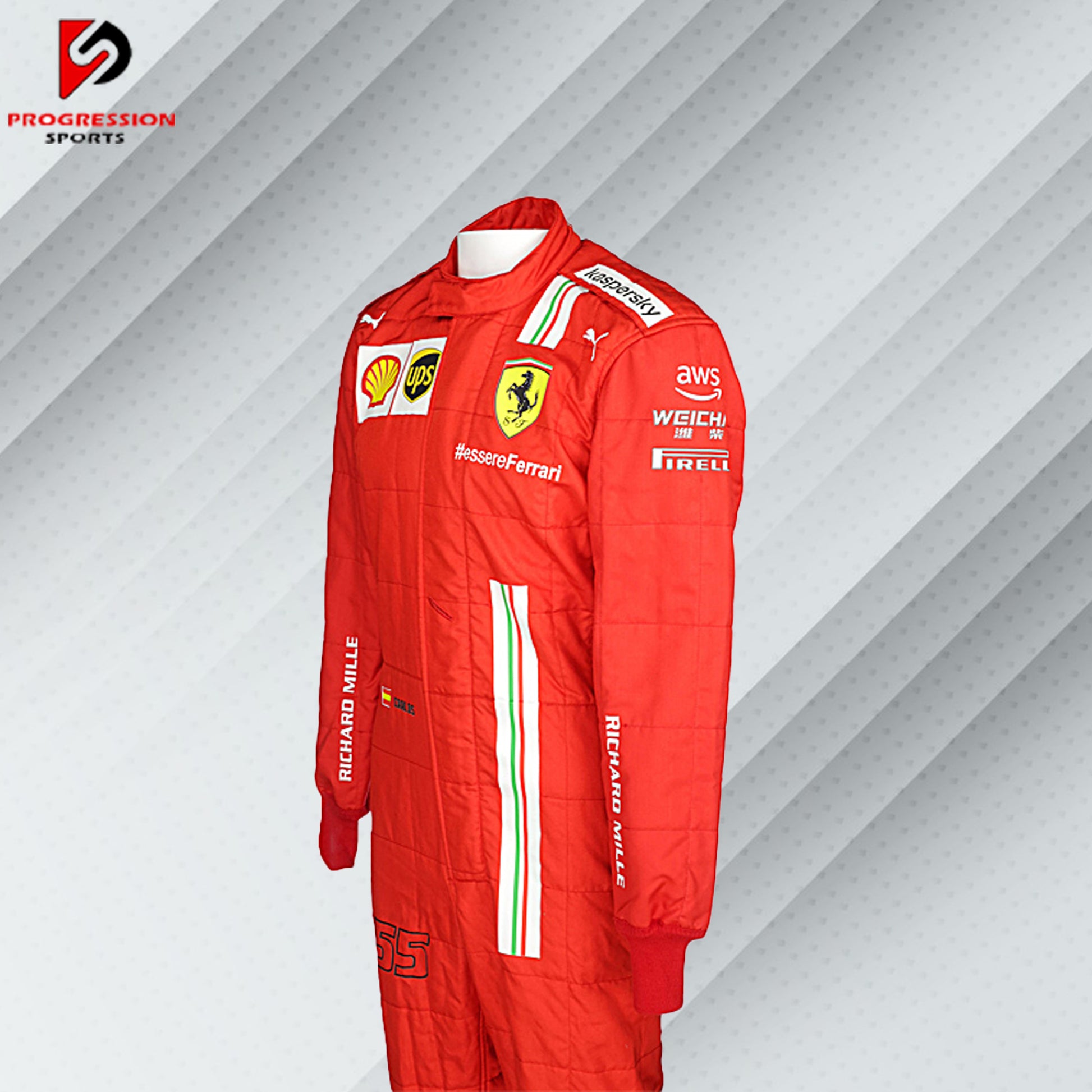 2021 Carlos Sainz Ferrari F1 race suit in red with Mission Winnow, Shell, and Ray-Ban sponsor logos