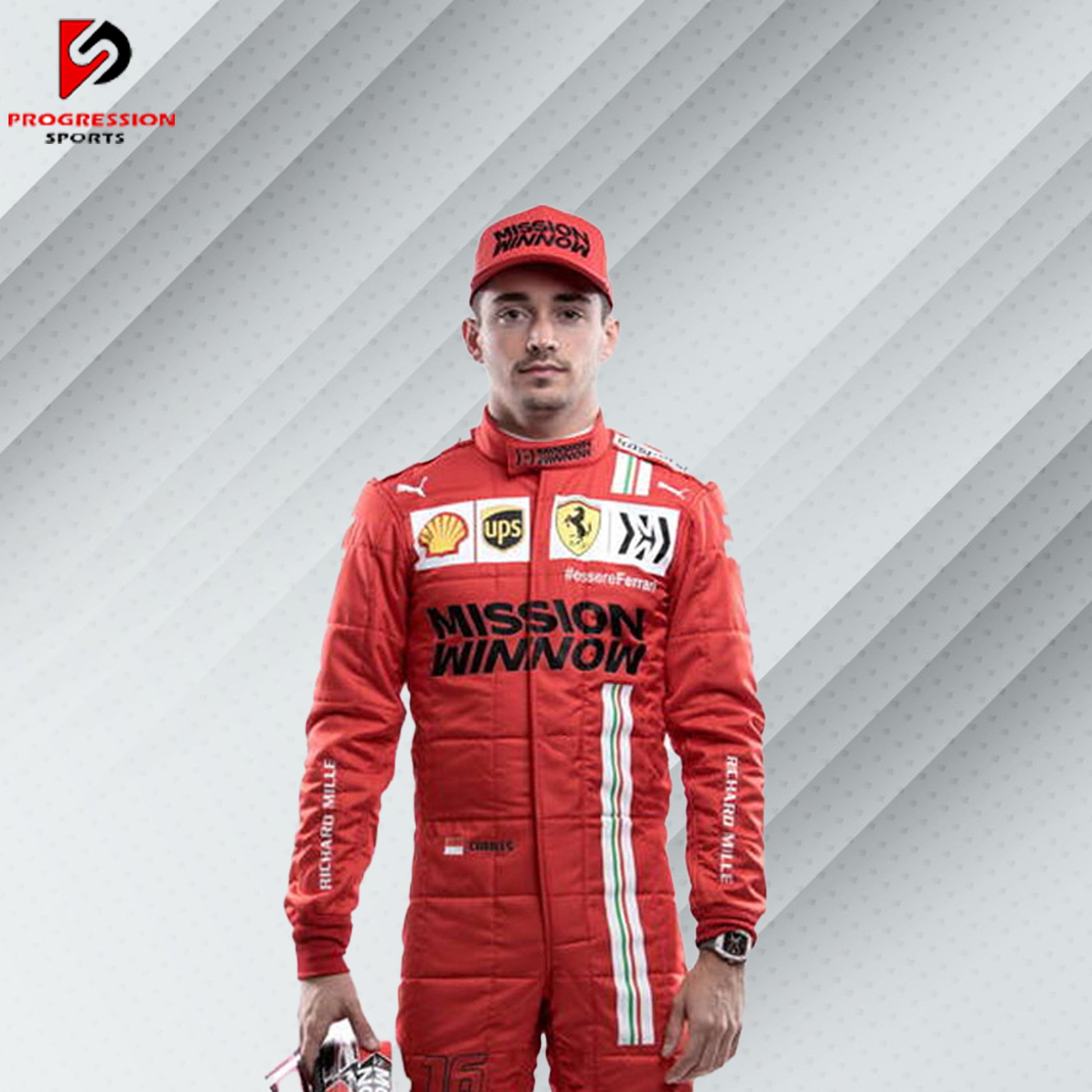 2021 Charles Leclerc Ferrari F1 race suit in red with Mission Winnow, Shell, and Ray-Ban sponsor logos

