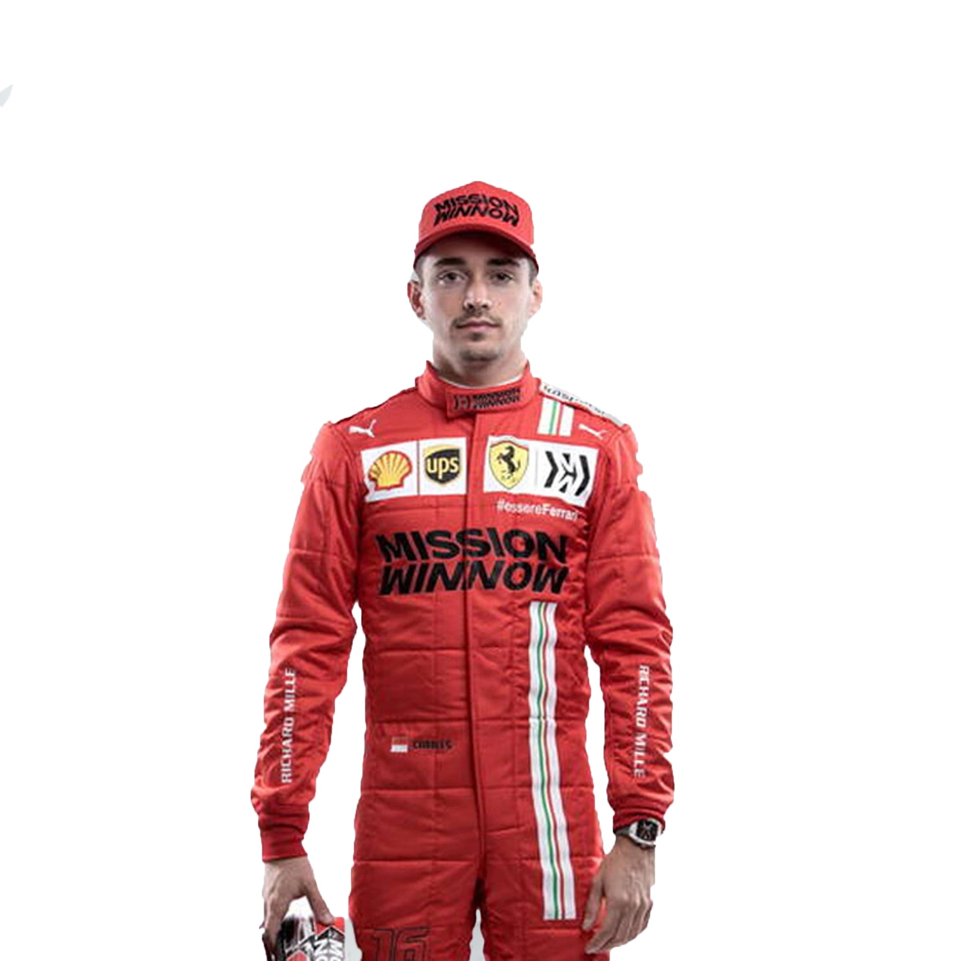 Person wearing a red racing suit with various sponsor logos on a white background