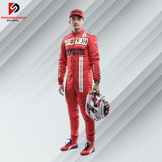 2021 Charles Leclerc Ferrari F1 race suit in red with Mission Winnow, Shell, and Ray-Ban sponsor logos

