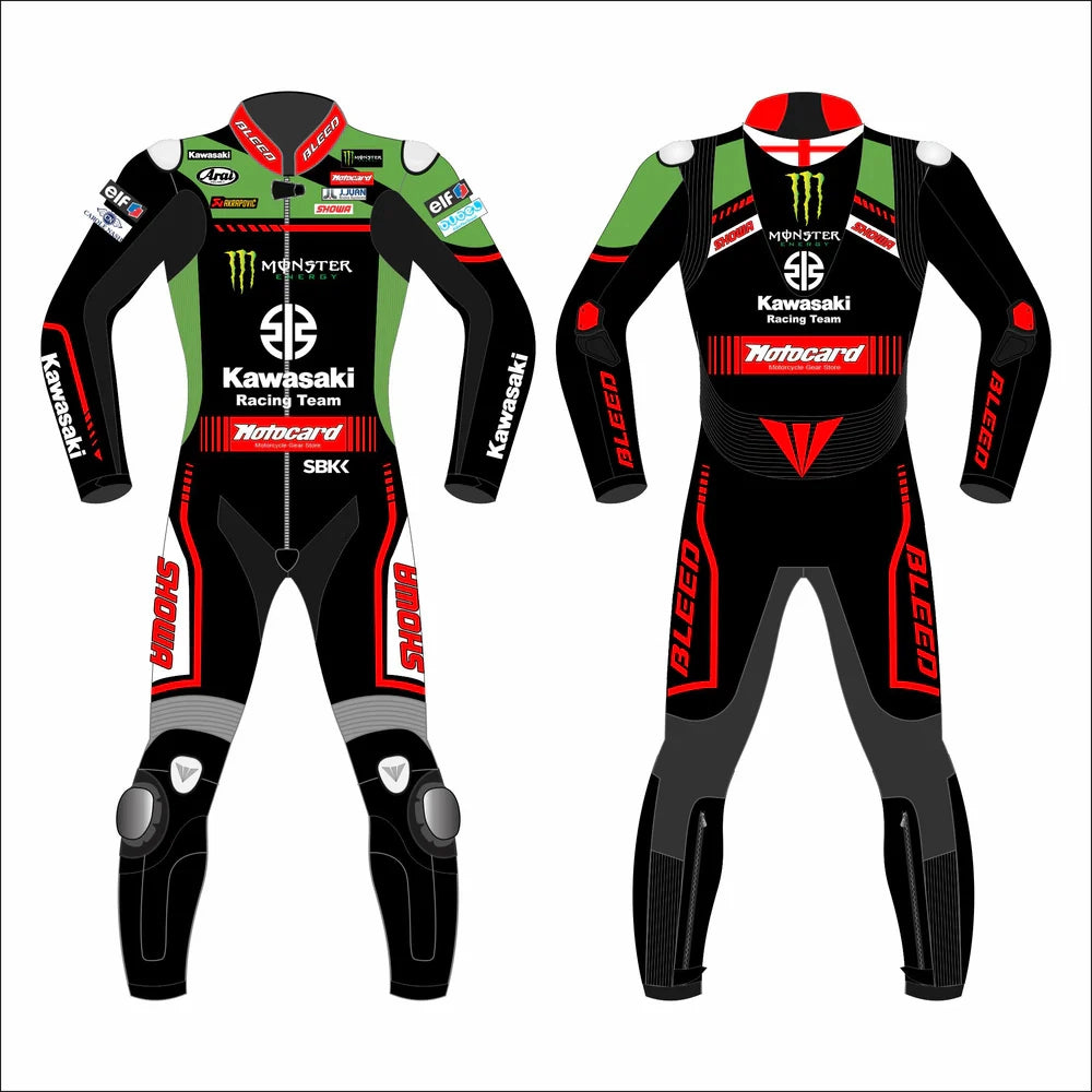 2021 Jonathan Rea WSBK Kawasaki MotoGp leather suit front view black green red with knee sliders
