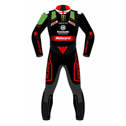 2021 Jonathan Rea WSBK Kawasaki replica leather suit front view black green red with knee sliders