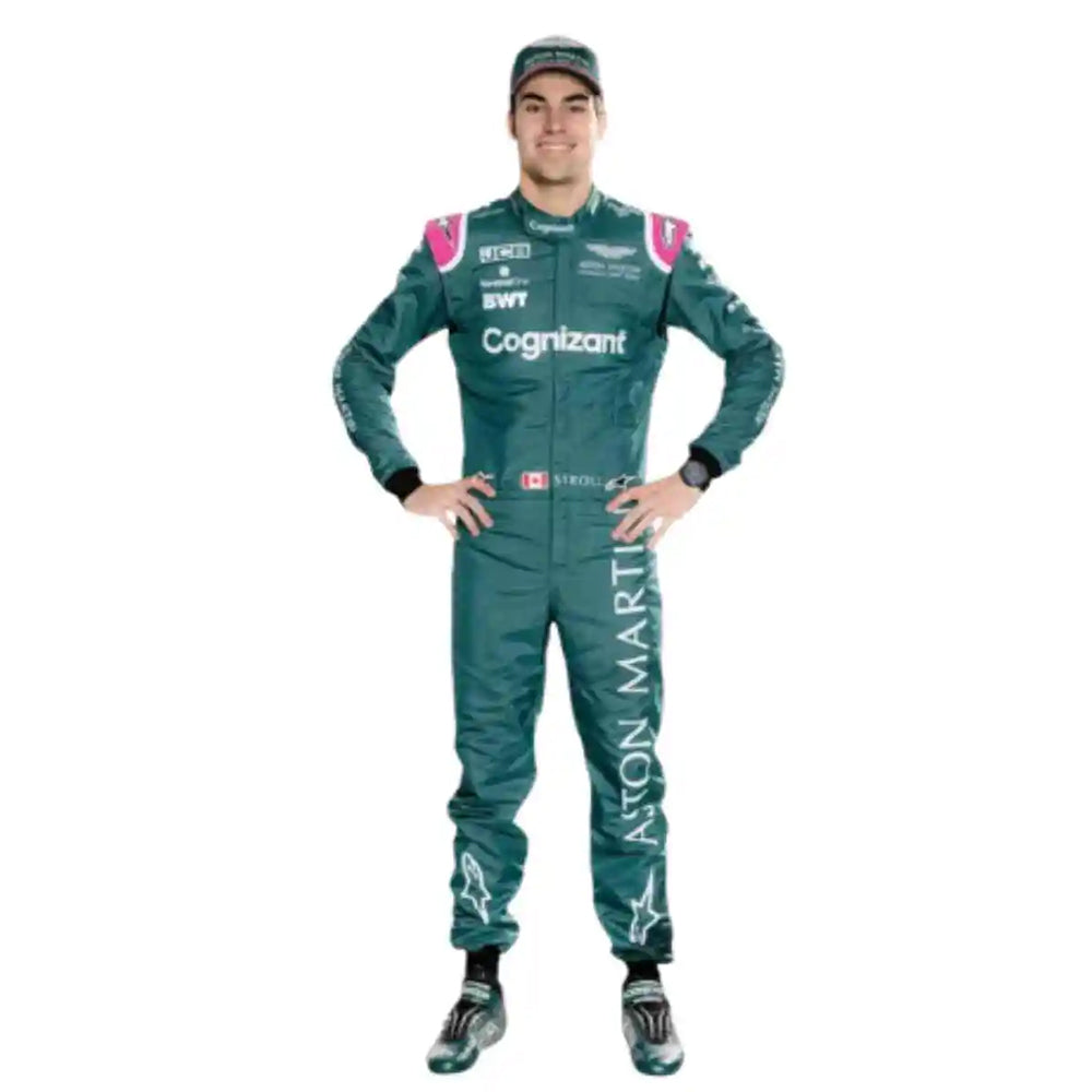 Person wearing a green racing suit with visible branding on a white background