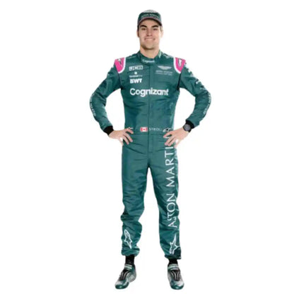 Person wearing a green racing suit with visible branding on a white background