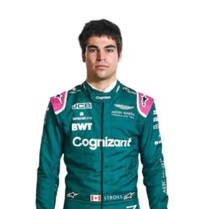 Person wearing a teal racing suit with sponsor logos on a white background