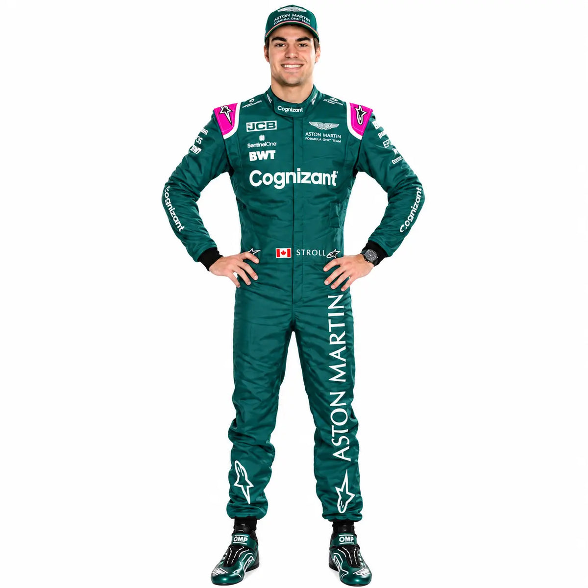 2021 Lance Stroll Aston Martin F1 race suit in British racing green with pink accents and sponsor logos