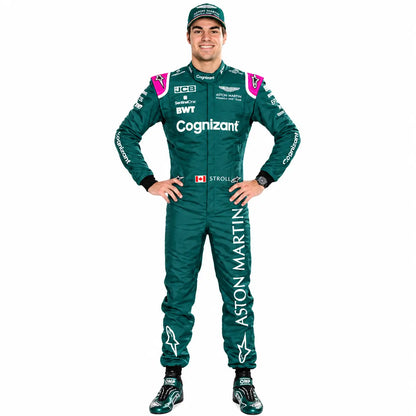 2021 Lance Stroll Aston Martin F1 race suit in British racing green with pink accents and sponsor logos