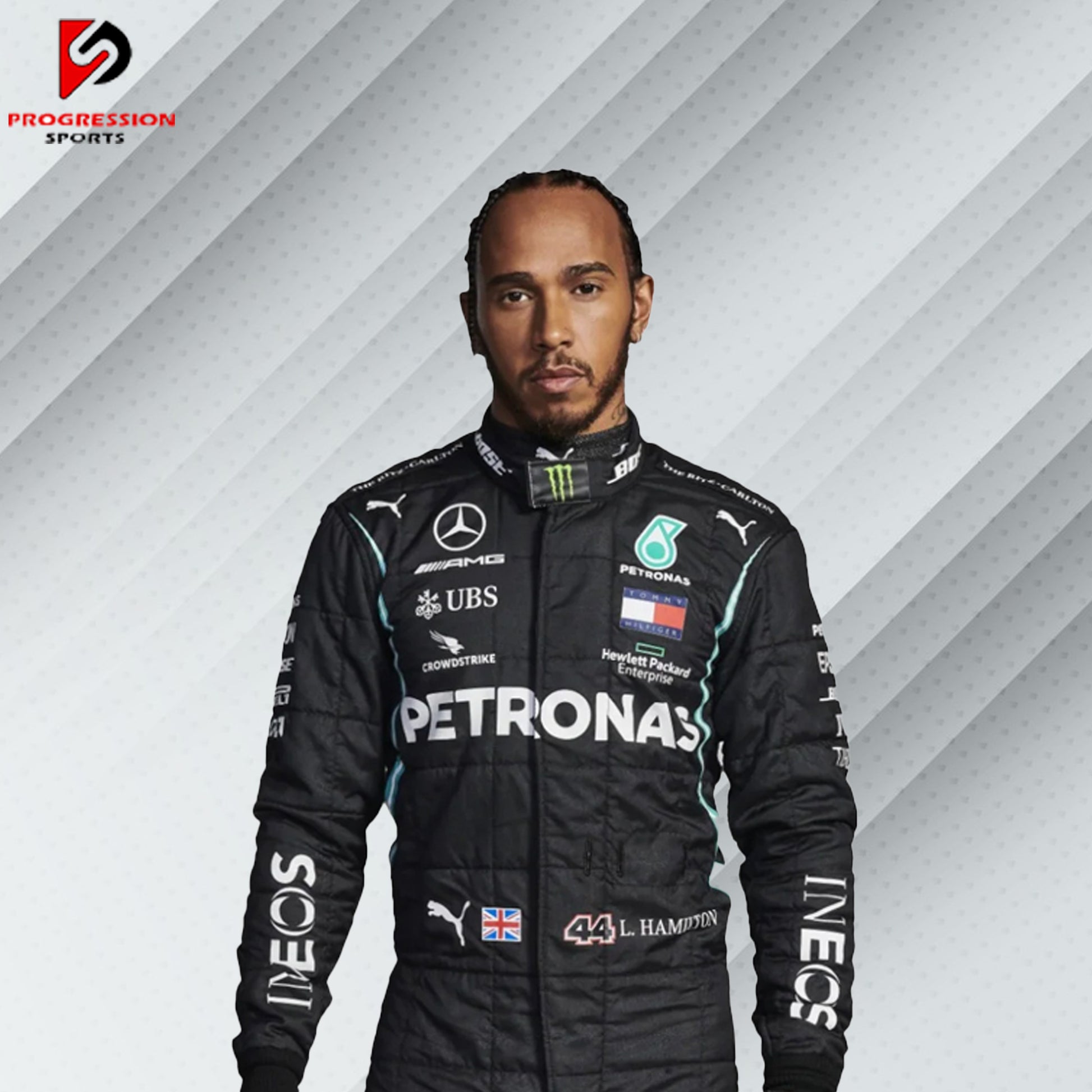 2021 Lewis Hamilton Mercedes F1 race suit in black with Petronas, AMG, Tommy Hilfiger, and Mercedes-Benz sponsor logos

