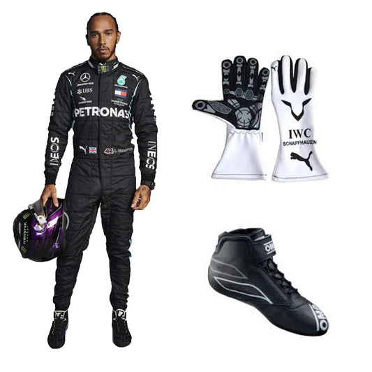 2021 Lewis Hamilton Mercedes F1 Race Suit Package including black karting suit, white driver gloves, and black racing boots