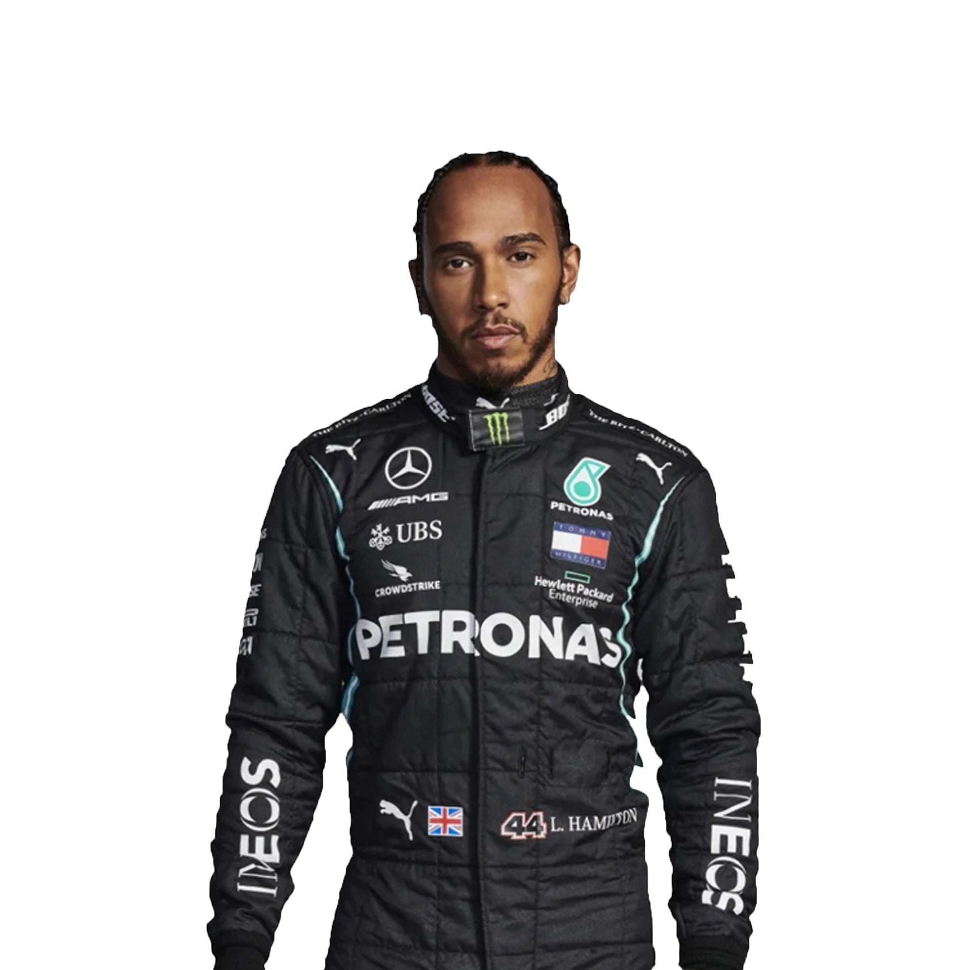Person wearing a Formula 1 racing suit with various sponsor logos on a white background