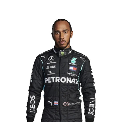 2021 Lewis Hamilton Mercedes F1 Race Suit Package including black karting suit, white driver gloves, and black racing boots