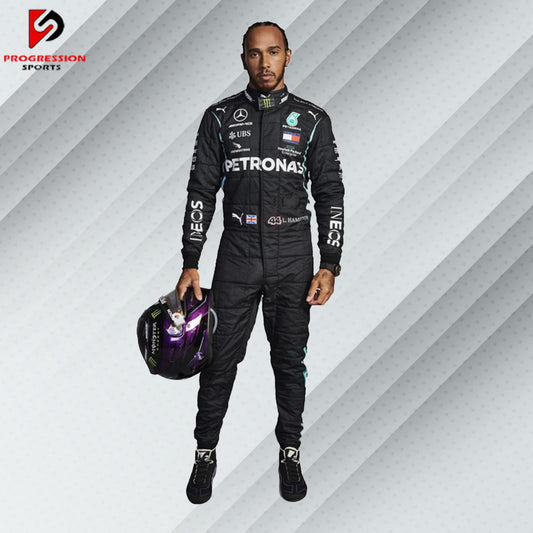 2021 Lewis Hamilton Mercedes F1 race suit in black with Petronas, AMG, Tommy Hilfiger, and Mercedes-Benz sponsor logos

